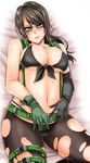  aqua_eyes areola_slip areolae bad_id bad_pixiv_id bare_shoulders belt black_gloves black_hair black_legwear black_panties blush breasts cameltoe commentary_request elbow_gloves gloves inu_(marukome) large_breasts long_hair looking_at_viewer lying metal_gear_(series) metal_gear_solid_v midriff navel no_bra no_pants on_back panties pantyhose parted_lips quiet_(metal_gear) shirt solo suspenders tied_shirt torn_clothes torn_legwear underboob underwear 