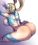  ass bakuya blonde_hair blue_eyes blue_leotard breasts dripping floating_hair grin heart_cutout highres hip_attack large_breasts leotard long_hair mask rainbow_mika smile solo street_fighter street_fighter_zero_(series) sweat twintails 