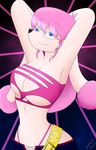  abstract_background anthro big_breasts blue_eyes breasts canine cleavage clothed clothing dog drake-rex hair hands_behind_head looking_at_viewer mammal navel pink_hair poodle raised_arm skimpy smile thong 