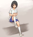  black_hair full_body gym_shorts gym_uniform hand_rest kneehighs leg_up original shirt shoes short_hair shorts sitting sneakers solo t-shirt tessaku_ro white_legwear 