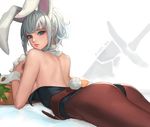  absurdres animal_ears ass back bare_shoulders battle_bunny_riven belt black_legwear blue_eyes breasts brown_legwear bunny_ears bunny_tail bunnysuit carrot daeho_cha detached_collar highres large_breasts league_of_legends lips looking_at_viewer looking_back lying on_stomach pantyhose riven_(league_of_legends) short_hair sideboob solo tail white_hair wrist_cuffs 