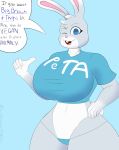  big_breasts breasts clothed clothing g-string hands_on_hips klr-rio lagomorph looking_at_viewer mammal one_eye_closed panties peta pointing rabbit shirt smile speech_bubble underwear wide_hips wink 