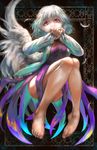  ass barefoot bow brown_jacket colored_eyelashes covering covering_crotch covering_mouth dress feathered_wings feathers highres jacket kishin_sagume legs legs_up light looking_down mimit no_panties pink_eyes purple_dress short_hair silver_hair single_wing sleeve_tug solo thighs toenails touhou white_wings wings 