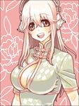  blush breasts center_opening china_dress chinese_clothes cleavage commentary_request dress headphones large_breasts long_hair looking_at_viewer nitroplus open_mouth pink_eyes pink_hair smile solo super_sonico warai 