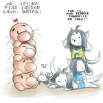  :3 ambiguous_gender blue_hair bow crossover derp dialogue earthbound_(series) english_text fur group hair mr._saturn open_mouth temmie_(undertale) text undertale upside_down white_fur zarla-s 