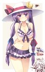  :/ :d ^_^ alternate_hairstyle bikini blush breasts chibi chibi_inset cleavage closed_eyes collaboration colorized contrapposto crescent embarrassed frilled_bikini frills hat hat_ornament hat_ribbon koakuma long_hair maturiuta_sorato medium_breasts navel open_mouth patchouli_knowledge purple_eyes purple_hair ribbon satou_kibi smile solo squiggle standing sun_hat swimsuit touhou translated 