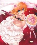  blonde_hair blue_eyes breasts bridal_veil dark_skin dress happy igawa_sakura kagami_hirotaka large_breasts looking_at_viewer short_hair smile solo taimanin_(series) taimanin_asagi veil wakizashi wedding_dress 