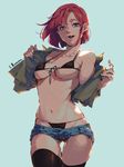  black_bra black_legwear black_panties blue_background blue_eyes bra breasts denim denim_shorts highres l102016695 lips looking_at_viewer medium_breasts navel open_mouth original panties panties_under_shorts red_hair short_hair short_shorts shorts shorts_pull simple_background smile solo string_panties swimsuit thigh_gap thighhighs underwear 