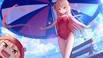  animal_costume beach_umbrella blonde_hair blush_stickers brown_eyes casual_one-piece_swimsuit chibi doma_umaru drinking_straw dual_persona frilled_swimsuit frills hamster_costume heart heart_in_mouth himouto!_umaru-chan hood komaru kotori_photobomb long_hair multiple_girls one-piece_swimsuit open_mouth sparkle swimsuit umbrella wangchuan_de_quanyan 