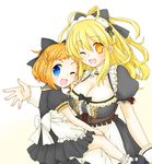  apron blonde_hair blue_eyes bow breasts dual_persona fang hair_bow hair_ornament hekikuu_(kanaderuyume) highres large_breasts maid_apron maid_headdress multiple_girls neptune_(series) pish smile symbol-shaped_pupils yellow_eyes yellow_heart 