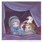  anna_(frozen) bed blonde_hair child elsa_(frozen) frozen_(disney) happy laikaken magic multiple_girls orange_hair siblings sisters smile snowman younger 