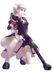  anti-tank_rifle bullet full_body gun kfr loafers maid maid_headdress one_knee original panties rifle shoes side_ponytail silver_hair simple_background solo striped striped_panties thighhighs underwear weapon white_background white_legwear 