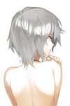  92m anastasia_(idolmaster) back blue_eyes from_behind hand_on_own_shoulder idolmaster idolmaster_cinderella_girls jewelry necklace signature silver_hair simple_background solo topless upper_body white_background 