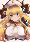  absurdres blonde_hair blue_eyes breasts draph frown granblue_fantasy hat highres horns large_breasts long_hair looking_at_viewer maou_(maoudaisukiya) pointy_ears rastina upper_body very_long_hair 