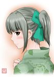  bangs bow commentary_request from_side hair_bow highres japanese_clothes kantai_collection looking_at_viewer nape ponytail solo yano_toshinori yuubari_(kantai_collection) 