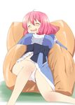  bean_bag_chair blush breasts chamayy closed_eyes drooling highres japanese_clothes large_breasts lying muji_body_fitting_sofa open_mouth panties pink_hair saigyouji_yuyuko short_hair smile solo touhou underwear 