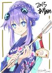  alternate_costume alternate_hairstyle arrow artist_name blue_eyes braid ema flower hair_ornament japanese_clothes kimono long_hair neptune_(series) purple_hair purple_heart ribbon shiitake_urimo smile solo 