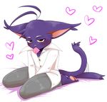 &lt;3 anthro blush cat clothing condom feline fur kiriya kneeling looking_at_viewer mammal morenatsu purple_fur shin_(morenatsu) simple_background solo tailwag 