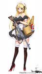  alcohol baguette basket bipod blonde_hair bottle bread chauchat food france french_flag garter_straps gun high_heels highres light_machine_gun long_hair maid maid_headdress original purple_eyes rifle solo thighhighs tonaitoo twitter_username weapon wine 