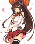  breasts brown_hair cherry_blossoms detached_sleeves flower hair_flower hair_ornament highres kantai_collection large_breasts long_hair looking_at_viewer nehani_(tworship) ponytail purple_eyes smile solo thighhighs umbrella very_long_hair white_background yamato_(kantai_collection) 