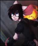  2015 alyx_xcv anthro black_hair blue_eyes clothing eyewear fire fur glasses gloves hair hoodie looking_away male mammal melee_weapon milo_(gioven) mouse rodent solo sword weapon white_fur 