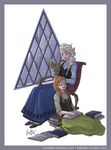  anna_(frozen) blonde_hair book braid chair dress elsa_(frozen) frozen_(disney) hand_on_another's_head laikaken multiple_girls on_floor orange_hair reading siblings single_braid sisters sitting sleeping smile twin_braids 