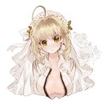  ahoge bad_id bad_pixiv_id blonde_hair blush breasts cleavage fate/extra fate/extra_ccc fate_(series) large_breasts looking_at_viewer lunch_(lunchicken) nero_claudius_(bride)_(fate) nero_claudius_(fate)_(all) simple_background solo sweatdrop upper_body white_background yellow_eyes 