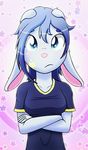  2015 animal_humanoid anthro blue_eyes blue_hair blush breasts clothed clothing crossed_arms female frown fur hair humanoid lagomorph looking_at_viewer mammal markings pink_nose pouting rabbit rabbit_humanoid shirt simple_background solo squishyfluffs 