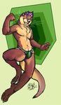  2015 anthro clothing fur hair happy jumping male mammal mustelid navel open_mouth otter purple_eyes purple_hair simple_background skrawl smile solo speedo swimsuit teeth thick_tail whiskers 