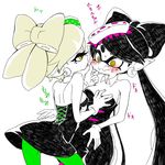  aori_(splatoon) black_dress black_hair blush breast_grab chatsubo_(80169) cousins detached_collar domino_mask dress earrings gloves grabbing green_legwear groping highres hotaru_(splatoon) incest jewelry licking long_hair mask mole mole_under_eye multiple_girls pantyhose pointy_ears purple_legwear short_dress short_hair short_jumpsuit sketch splatoon_(series) splatoon_1 standing strapless strapless_dress sweatdrop translated wavy_mouth white_gloves white_hair yuri 