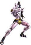  3d belt clothed clothing feline footwear gloves half-dressed humanoid jojo&#039;s_bizarre_adventure killer_queen leather looking_at_viewer male mammal muscular official_art pink_body pose red_eyes sandals simple_background skimpy solo stand_(jjba) topless unknown_artist white_background 
