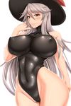  breasts covered_nipples granblue_fantasy hat highres impossible_clothes large_breasts leotard long_hair magisa_(granblue_fantasy) shuugetsu_karasu silver_hair smile solo thong_leotard witch_hat 