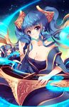  :d :o artist_name bare_legs bare_shoulders blonde_hair blue_eyes blue_hair breasts chibi cleavage collarbone hand_in_hair highres league_of_legends medium_breasts multicolored_hair open_mouth sky smile sona_buvelle squchan star_(sky) starry_sky surprised twintails wide_sleeves 