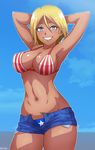  akairiot armpits arms_up bikini_top blonde_hair blue_eyes breasts cleavage female hands_behind_head large_breasts navel outdoor short_hair shorts smile solo standing tan tanned 