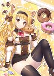  animal_ears arm_support bad_id bad_pixiv_id bare_shoulders black_legwear blonde_hair bow braid breasts candy cat_ears cat_tail checkerboard_cookie cookie detached_collar detached_sleeves doughnut eyebrows eyebrows_visible_through_hair food food_on_face hair_bow lollipop long_hair looking_at_viewer mauve medium_breasts orange_eyes original sitting skirt smile solo tail thighhighs 