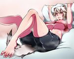  animal_ears badger_ears badger_tail barefoot bike_shorts breasts brown_eyes feet frown kanta_(x-tei) killing_bites large_breasts lying on_back pillow plump short_hair silver_hair solo steam sweat tail thighs underboob uzaki_hitomi 