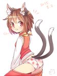  :3 animal_ears brown_hair cat_ears cat_tail chen closed_mouth commentary fang food_print highres ibaraki_natou jewelry long_sleeves multiple_tails nekomata panties print_panties short_hair single_earring solo strawberry_panties strawberry_print tail touhou two_tails underwear 