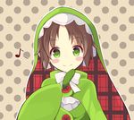  bad_id bad_pixiv_id blush_stickers brown_hair chamot_rosso eighth_note green_eyes hood looking_at_viewer musical_note narumi_midori plaid reeds rokka_no_yuusha short_hair solo upper_body 