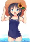  1girl :d black_hair blue_eyes competition_school_swimsuit covered_navel flower hair_flower hair_ornament hands_on_headwear hat long_hair low_twintails mokoke one-piece_swimsuit open_mouth original sketch smile solo sunflower swimsuit twintails wading water 