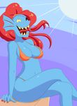  1girl big_breasts bikini blue_skin blush breasts cleavage clothed clothing eye_patch eyepatch eyewear fish hair jcdr laugh laughing marine monster monster_girl nail_polish no_nose noseless ponytail red_hair sharp_teeth smile solo sun swimsuit teeth tongue tongue_out undertale undyne 