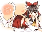  animal_ears arm_support ascot back bare_shoulders bow brown_eyes brown_hair cat_ears cat_tail commentary_request detached_sleeves frilled_shirt_collar frills hair_bow hair_ribbon hair_tubes hakurei_reimu head_rest head_tilt kemonomimi_mode large_bow long_hair looking_at_viewer papiko_(papiko8901) reverse_translation ribbon ribbon-trimmed_legwear ribbon-trimmed_sleeves ribbon_trim smile solo tail thighhighs touhou white_legwear 