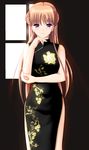  absurdres anegawa_nyoru bangs black_dress brown_hair china_dress chinese_clothes double_bun dress fingernails hand_on_own_chin highres long_fingernails long_hair noel_maresse_ascot purple_eyes smile solo walkure_romanze 