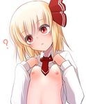  ? blonde_hair breasts doburoku_(daiginjou) hair_ornament hair_ribbon head_tilt long_sleeves necktie nipples parted_lips red_eyes ribbon rumia shirt_lift short_hair simple_background small_breasts solo touhou upper_body white_background 