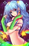  arcade_sona artist_name beads blue_eyes blue_hair breasts cleavage earrings fingerless_gloves gloves green_gloves highres jewelry league_of_legends light_smile lips looking_at_viewer medium_breasts midriff navel necklace sky solo sona_buvelle squchan star star_(sky) starry_sky twintails 
