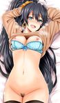  arms_up bad_id bad_pixiv_id black_hair black_legwear blue_bra blue_eyes blush bottomless bra bra_pull breasts clothes_lift commentary earrings fang ganaha_hibiki heavy_breathing idolmaster idolmaster_(classic) inu_(marukome) jewelry long_hair long_sleeves looking_at_viewer lying medium_breasts nipples on_back open_mouth ponytail pubic_hair scrunchie smile solo sweat sweater sweater_lift thighhighs underwear very_long_hair 