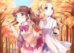  autumn autumn_leaves bag blonde_hair blue_eyes blush bow bowtie brown_hair bug coffee_cup cup disposable_cup dragonfly glasses green_eyes hairband insect jacket long_hair multiple_girls original railing school_bag school_uniform skirt smile tree twintails yamada_ako 