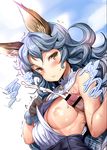  ajishio animal_ears armpit_sex armpits bar_censor blue_hair blush breast_slip breasts brown_eyes bunny_ears censored commentary_request cum ejaculation erune ferry_(granblue_fantasy) frottage gloves granblue_fantasy hetero long_hair nipples no_bra one_breast_out penis simple_background sleeveless small_breasts solo_focus sweat white_background 