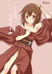  arm_up armpits bare_shoulders blush brown_eyes brown_hair collarbone folded_ponytail groin inazuma_(kantai_collection) japanese_clothes kantai_collection kimono kimono_pull long_sleeves looking_at_viewer lying no_panties on_back open_clothes open_kimono red_kimono sash solo translated wide_sleeves yua_(checkmate) yukata 