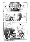  3girls :d amagi_(kantai_collection) antlers bad_id bad_twitter_id blush braid comic commentary eating echizen_(echizen_29) eighth_note flower greyscale hair_between_eyes hair_flower hair_ornament hamster heart highres jitome kantai_collection katsuragi_(kantai_collection) long_hair looking_at_another looking_at_viewer messy_hair mole mole_under_eye monochrome multiple_girls musical_note open_mouth ponytail remodel_(kantai_collection) silent_comic single_braid smile sparkle spoken_exclamation_mark spoken_heart spoken_musical_note unryuu_(kantai_collection) 