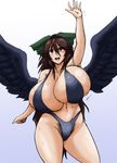  1girl bikini black_hair breasts gigantic_breasts hanemikakko red_eyes reiuji_utsuho solo swimsuit touhou wings 
